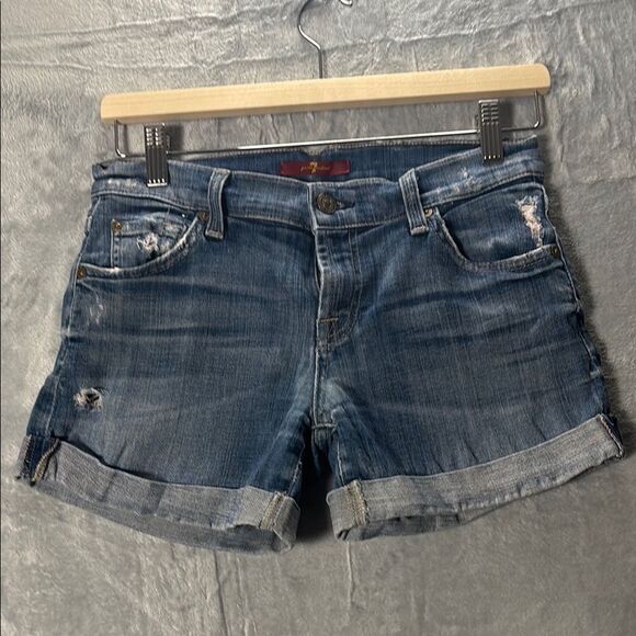 7 for all Mankind Distressed Medium Wash Jean Denim Shorts Size 24 - Picture 1 of 10
